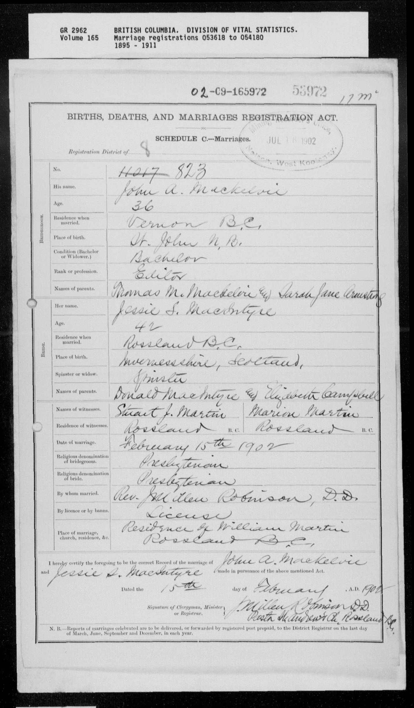 Marriage registration for John MacKelvie and Jessie McIntyre