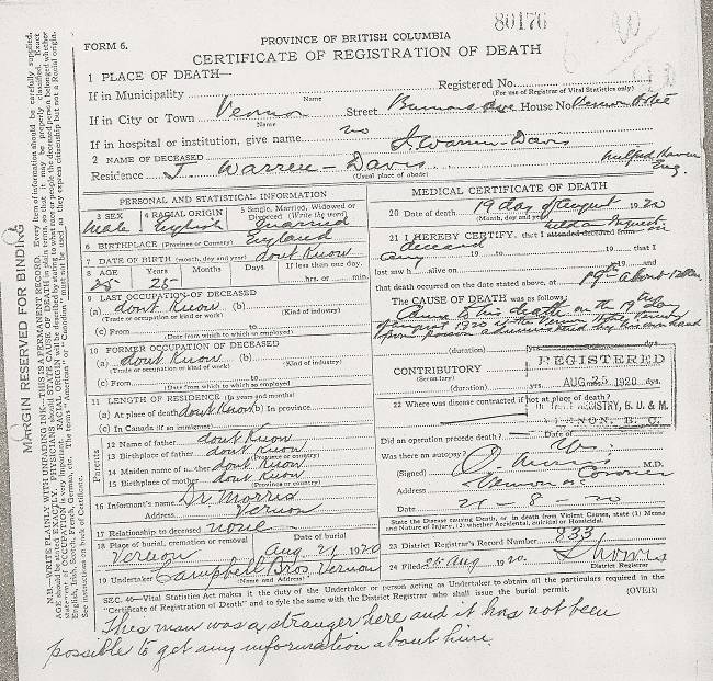 British Columbia Certificate of Registration of Death