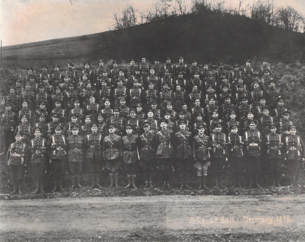 A Company fifth Battalion in Army of Occupation in Germany January 1919. Dad is 3rd row from top center of picture.
