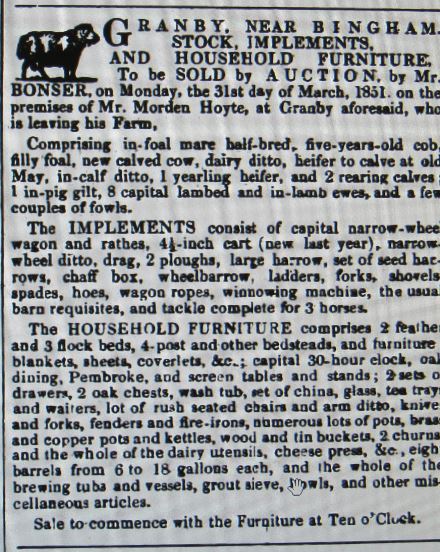 Morden Hoyte Farm Auction Notice Nottinhamshire Guardian March 20 1851